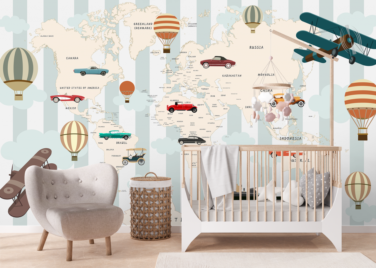 Fototapet personalizat fara imbinari Playful World Map pentru camera copiilor